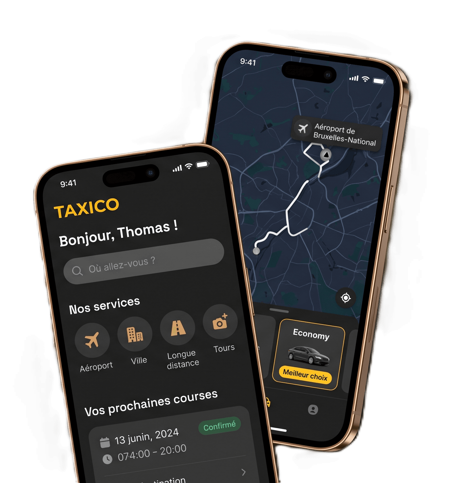 Aperçu de l’application mobile Taxico sur deux smartphones